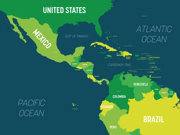 Central America map - green hue colored on dark background. High detailed political map Central American and Caribbean region with country, capital, ocean and sea names labeling — 스톡 벡터