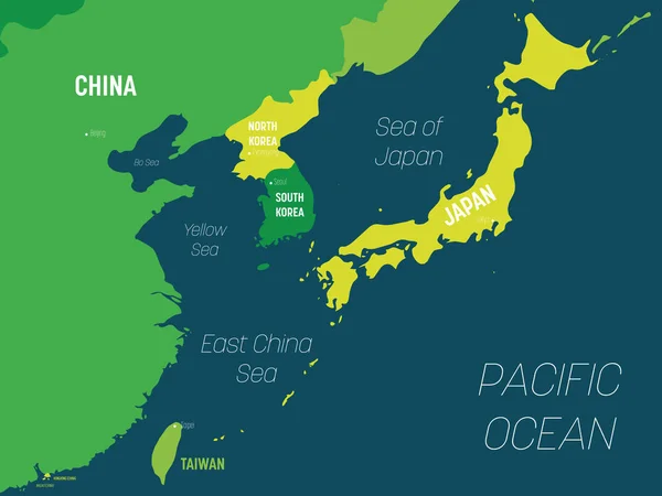 东亚地图- -深色背景上的绿色. 标明国家、首都、海洋和海洋名称的东部地区高度详细的政治地图 — 图库矢量图片