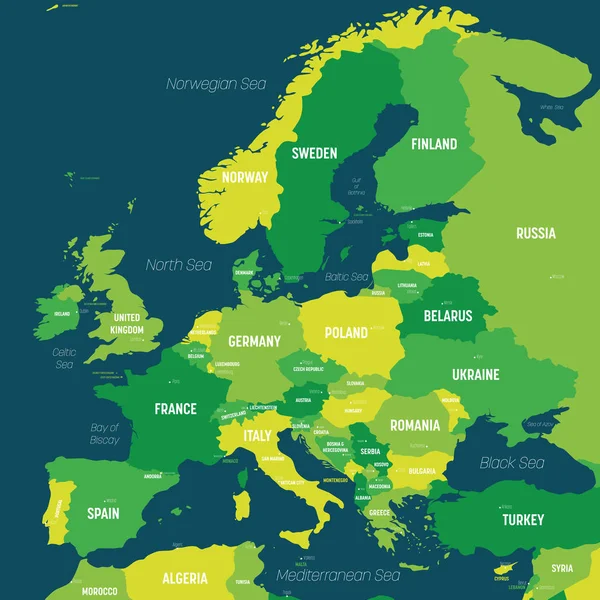 Χάρτης της Ευρώπης - πράσινη απόχρωση χρωματισμένη σε σκούρο φόντο. Υψηλός λεπτομερής πολιτικός χάρτης της ευρωπαϊκής ηπείρου με σήμανση ονομάτων χώρας, κεφαλαίου, ωκεανών και θάλασσας — Διανυσματικό Αρχείο