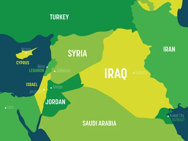Mapa do Oriente Médio - tom verde colorido sobre fundo escuro. Mapa político detalhado da região do Oriente Médio e Península Arábica com nomes de país, capital, oceano e mar rotulando — Vetor de Stock