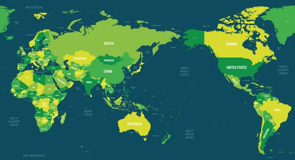 Mapa del mundo Asia, Australia y el Océano Pacífico centrado. Tonalidad verde sobre fondo oscuro. Mapa político detallado de Mundo con nombres de países, capitales, océanos y mares etiquetados — Vector de stock