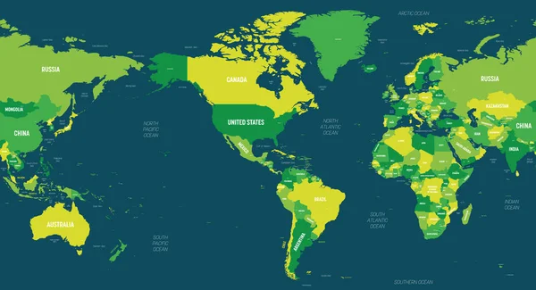 Mapa del mundo - América centrada. Tonalidad verde sobre fondo oscuro. Mapa político detallado de Mundo con nombres de países, capitales, océanos y mares etiquetados — Vector de stock