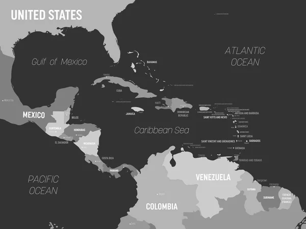 Mapa de Centroamérica - gris sobre fondo oscuro. Mapa político detallado de la región de Centroamérica y el Caribe con nombres de países, capitales, océanos y mares etiquetados — Vector de stock
