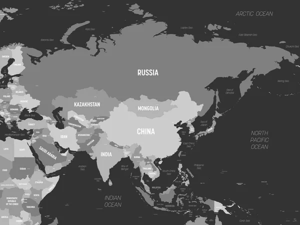Asie - gris sur fond sombre. Carte politique détaillée du continent asiatique avec l'étiquetage des noms de pays, de capitale, d'océan et de mer — Image vectorielle