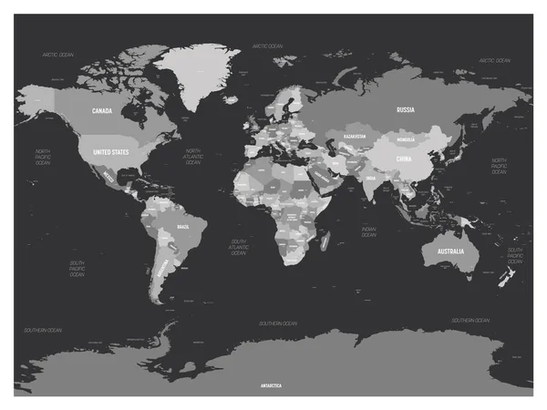 Mapa del mundo - gris sobre fondo oscuro. Mapa político detallado de Mundo con nombres de países, capitales, océanos y mares etiquetados — Vector de stock