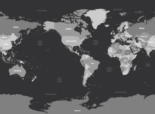 Carte du monde - Amérique centrée. Gris coloré sur fond sombre. Carte politique détaillée du monde avec l'étiquetage des noms de pays, de capitale, d'océan et de mer — Image vectorielle