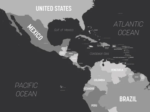 Χάρτης Κεντρικής Αμερικής - γκρι χρώμα σε σκούρο φόντο. Υψηλός λεπτομερής πολιτικός χάρτης Κεντρική Αμερική και Καραϊβική περιοχή με χώρα, πρωτεύουσα, ωκεανό και τα ονόματα της θάλασσας σήμανση — Διανυσματικό Αρχείο