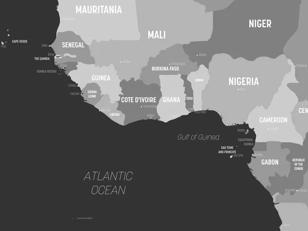 Western Africa map - grey colored on dark background. High detailed political map of western african and Bay of Guinea region with country, capital, ocean and sea names labeling — 스톡 벡터