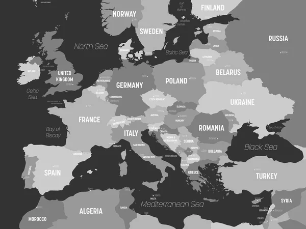 Europa kaart - grijs gekleurd op donkere achtergrond. Hoge gedetailleerde politieke kaart van het Europese continent met land, hoofdstad, oceaan en zee namen labeling — Stockvector