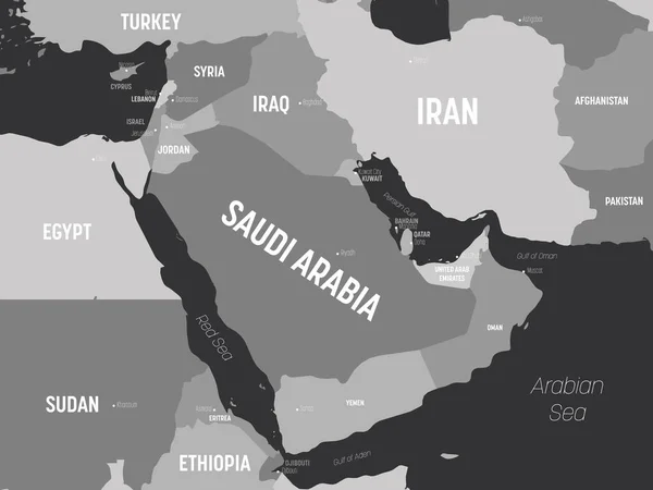 Mapa de Oriente Medio - gris sobre fondo oscuro. Mapa político detallado de Oriente Medio y la región de la Península Arábiga con nombres de país, capital, océano y mar etiquetados — Archivo Imágenes Vectoriales