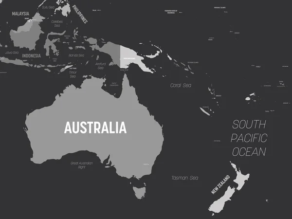 Mapa de Australia y Oceanía - gris sobre fondo oscuro. Mapa político detallado de la región australiana y pacífica con nombres de países, capitales, océanos y mares etiquetados — Archivo Imágenes Vectoriales