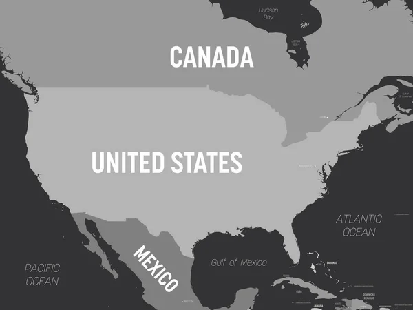 Mapa de EE.UU. - gris sobre fondo oscuro. Alto mapa político detallado Estados Unidos de América y países vecinos con nombres de países, capitales, océanos y mares etiquetados — Archivo Imágenes Vectoriales