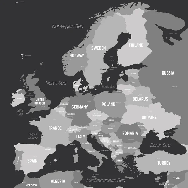 Mapa Evropy - šedá barva na tmavém pozadí. Vysoce podrobná politická mapa evropského kontinentu s označením země, hlavního města, oceánu a moří — Stockový vektor