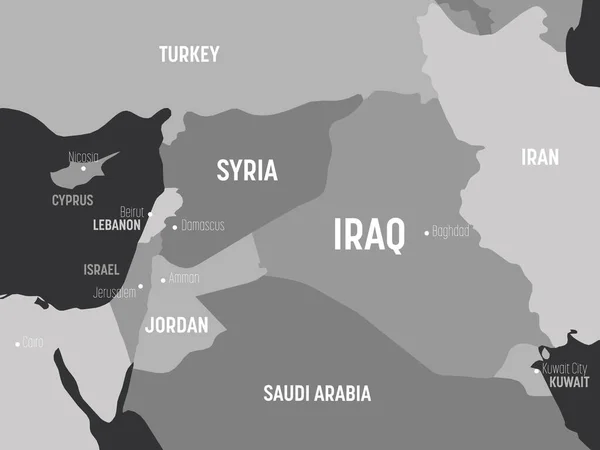 Mapa do Oriente Médio - cinza colorido sobre fundo escuro. Mapa político detalhado da região do Oriente Médio e Península Arábica com nomes de país, capital, oceano e mar rotulando — Vetor de Stock