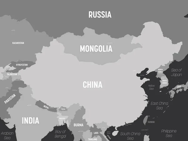 中国地図-暗い背景に灰色。中国と周辺国の詳細な政治地図国、資本、海と海の名前表示 — ストックベクタ