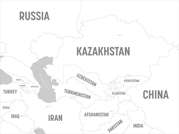 Mapa střední Asie - bílé země a šedá voda. Vysoce podrobná politická mapa středoasijského regionu s označením země, hlavního města, oceánu a moří — Stockový vektor