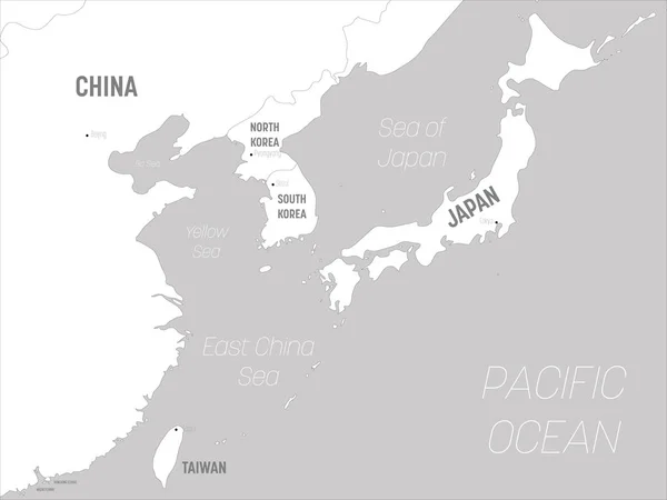 Mapa de Asia Oriental: tierras blancas y aguas grises. Mapa político detallado de la región oriental con nombres de países, capitales, océanos y mares etiquetados — Vector de stock