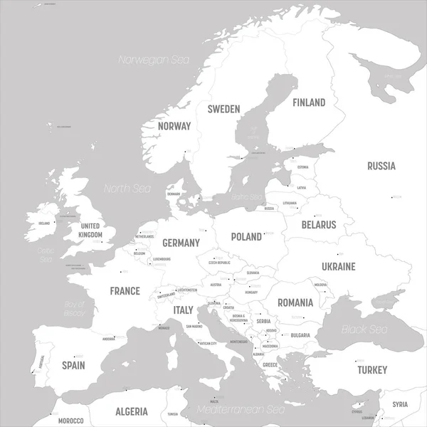 Carte d'Europe - terres blanches et eaux grises. Carte politique détaillée du continent européen avec étiquetage des noms de pays, de capitale, d'océan et de mer — Image vectorielle