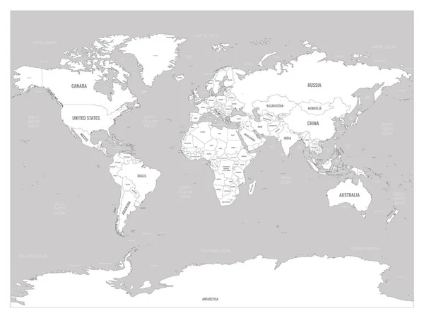 Carte du monde - terres blanches et eaux grises. Carte politique détaillée du monde avec l'étiquetage des noms de pays, de capitale, d'océan et de mer — Image vectorielle