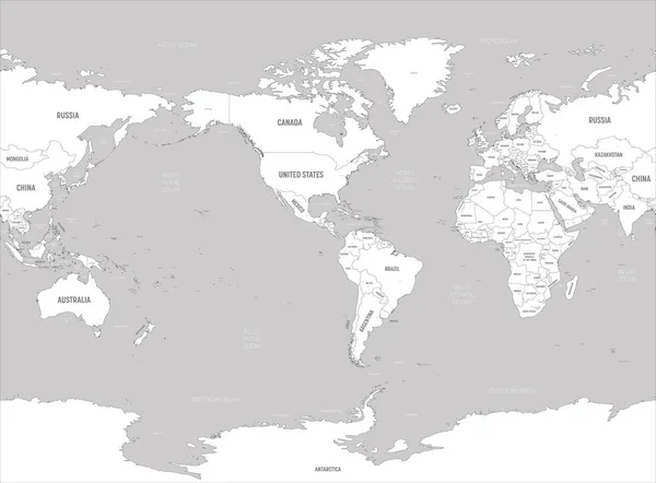 Mapa světa - Amerika na střed. Bílé země a šedá voda. Vysoce podrobná politická mapa světa s označením země, hlavního města, oceánu a moří — Stockový vektor