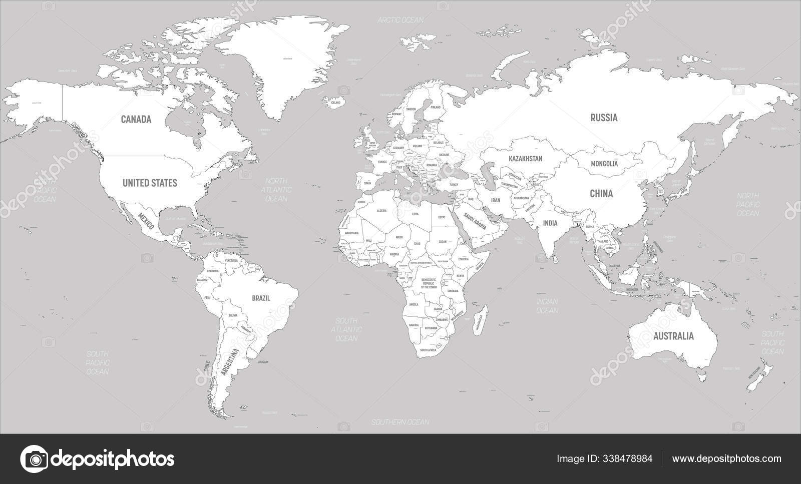 World map - white lands and grey water. High detailed political map of ...