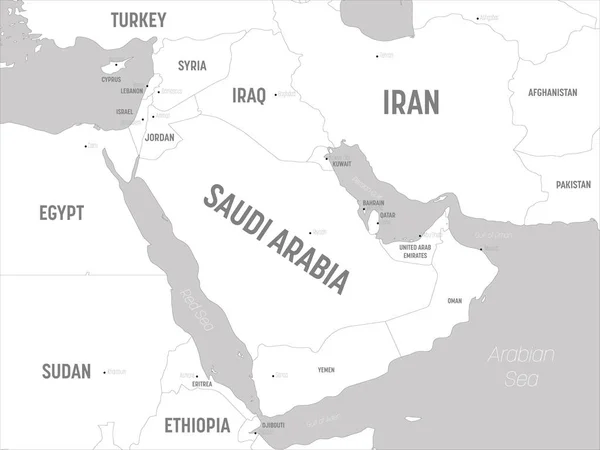Közel-keleti térkép - fehér területek és szürke víz. A közel-keleti és az Arab-félszigeti régió részletes politikai térképe, ország-, főváros-, óceán- és tengernevek feltüntetésével — Stock Vector