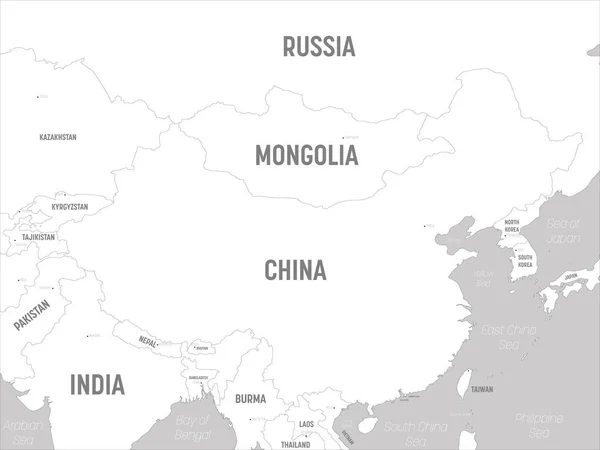 Mapa de China: tierras blancas y aguas grises. Mapa político detallado de China y países vecinos con nombres de países, capitales, océanos y mares etiquetados — Archivo Imágenes Vectoriales