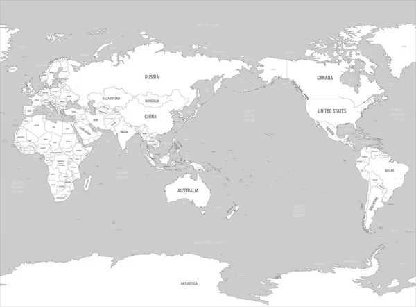 Dünya haritası - Asya, Avustralya ve Pasifik Okyanusu merkezli. Beyaz topraklar ve gri su. Ülke, sermaye, okyanus ve deniz isimlerinin etiketlendiği yüksek detaylı bir Dünya haritası — Stok Vektör