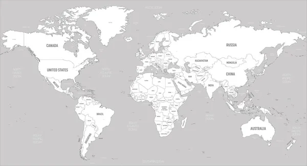 Världskarta - vit mark och grått vatten. Hög detaljerad politisk karta över världen med namn på land, huvudstad, hav och hav — Stock vektor
