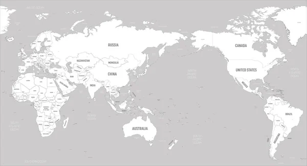 Карта мира - Азия, Австралия и Тихий океан в центре. Белые земли и серая вода. Высокая детальная политическая карта мира с маркировкой стран, столиц, океанов и морей — стоковый вектор