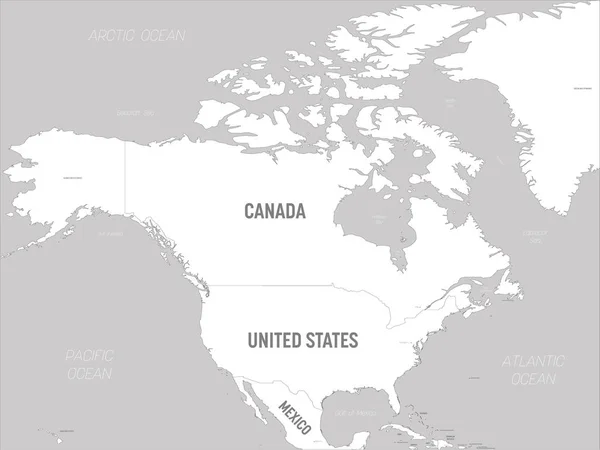 Észak-Amerika térképe - fehér földek és szürke víz. Nagy részletességű politikai térkép Észak-amerikai kontinens ország-, fő-, óceán- és tengernevek feltüntetésével — Stock Vector