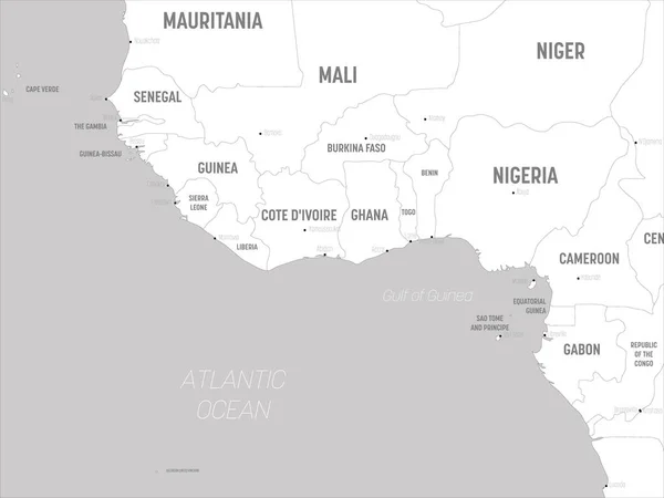 Mappa dell'Africa occidentale - terre bianche e acque grigie. Alta mappa politica dettagliata dell'Africa occidentale e della regione della Baia di Guinea con nomi di paese, capitale, oceano e mare — Vettoriale Stock