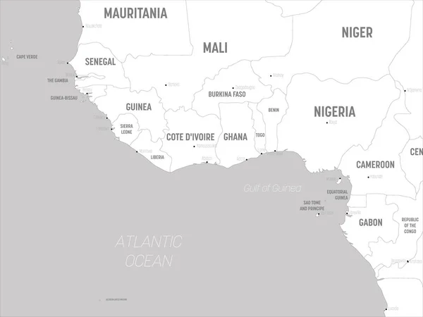 Westafrika-Karte - weißes Land und graues Wasser. hoch detaillierte politische Karte von Westafrika und der Bucht von Guinea mit Beschriftung von Land, Hauptstadt, Ozean und Meer — Stockvektor