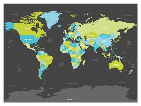 Mapa del mundo. Alto mapa político detallado del mundo con etiquetado de nombres de países, capitales, océanos y mares. Mapa colorido sobre fondo oscuro — Archivo Imágenes Vectoriales