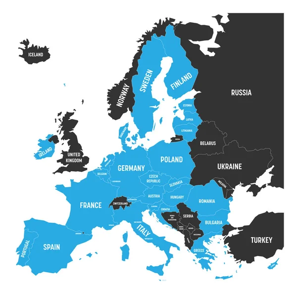 Mapa político de Europa con azul destacó 27 estados miembros de la Unión Europea, UE, después del brexit en 2020. Ilustración simple vector plano — Vector de stock