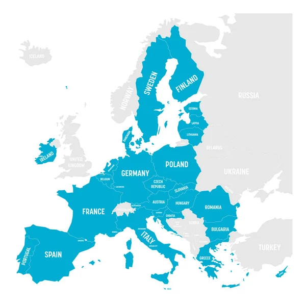 Mapa político da Europa com azul destacou 27 Estados-Membros da União Europeia, UE, após brexit em 2020. Ilustração simples do vetor plano —  Vetores de Stock