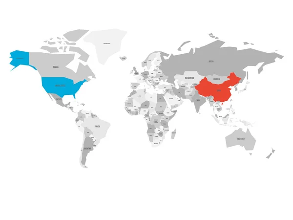 Vereinigte Staaten und China auf der politischen Weltkarte hervorgehoben. Vektorillustration — Stockvektor