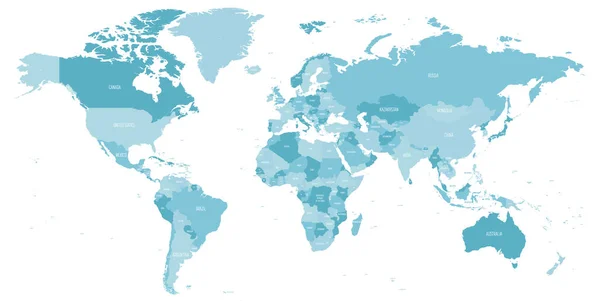 青の色合いで世界の地図。国名入りの詳細な政治地図。ベクターイラスト — ストックベクタ