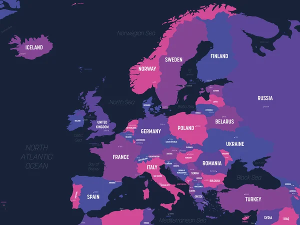 Χάρτης Ευρώπης. Υψηλός λεπτομερής πολιτικός χάρτης της ευρωπαϊκής ηπείρου με σήμανση ονομάτων χώρας, κεφαλαίου, ωκεανών και θάλασσας — Διανυσματικό Αρχείο