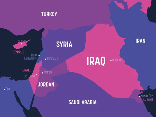 Mapa de Oriente Medio. Mapa político detallado de Oriente Medio y la región de la Península Arábiga con nombres de país, capital, océano y mar etiquetados — Archivo Imágenes Vectoriales