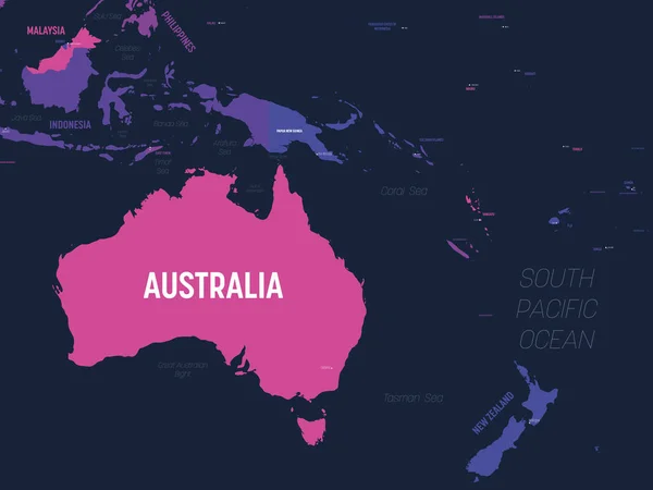 Australien und Ozeanien Karte. Hoch detaillierte politische Landkarte der australischen und pazifischen Region mit Beschriftung von Land, Hauptstadt, Ozean und Meer — Stockvektor