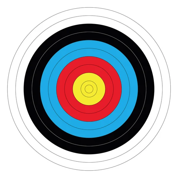 Objetivo de tiro con arco al aire libre en colores tradicionales: amarillo, rojo, azul, negro y blanco. Ilustración vectorial — Vector de stock
