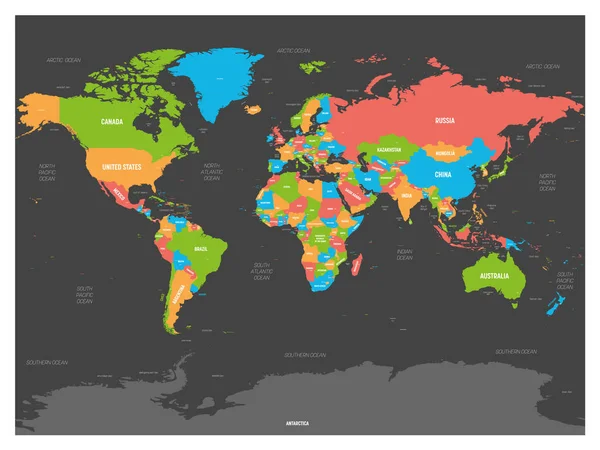 世界地图。高度详细的世界政治地图，标明国家、首都、海洋和海洋名称。深色背景的彩色地图 — 图库矢量图片