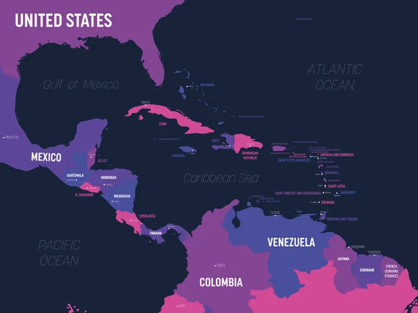 Центральна карта Америки. Висока докладна політична карта Центральноамериканський і Карибський регіон з країною, столицею, океаном і морськими назвами. — стоковий вектор