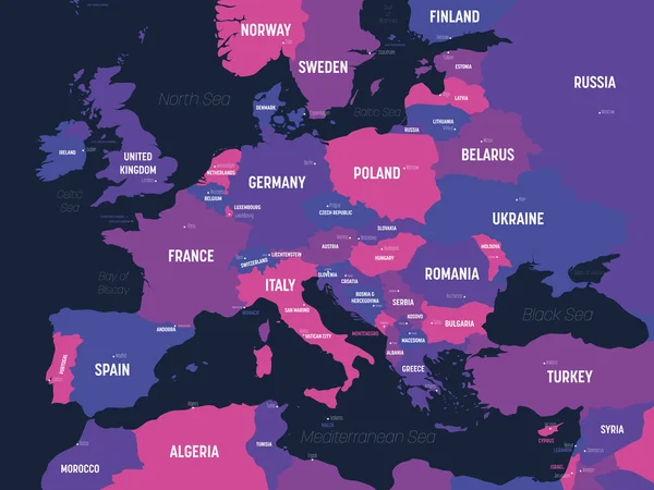 Mapa de Europa. Mapa político detallado del continente europeo con nombres de países, capitales, océanos y mares etiquetados — Vector de stock