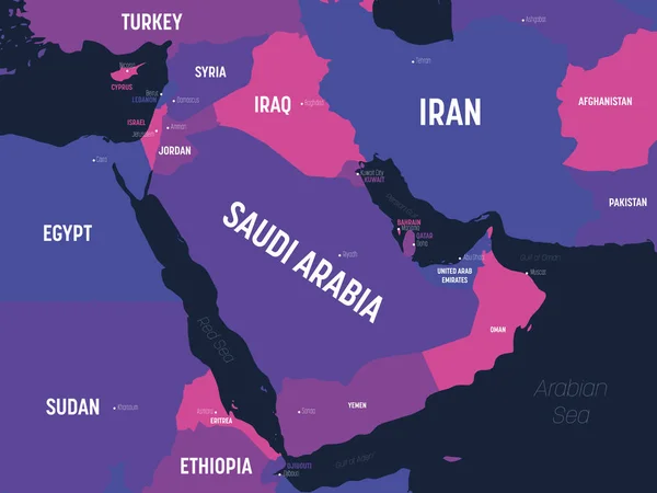 Mellanösternkartan. Hög detaljerad politisk karta över Mellanöstern- och Arabiska halvön med namn på land, huvudstad, hav och hav — Stock vektor