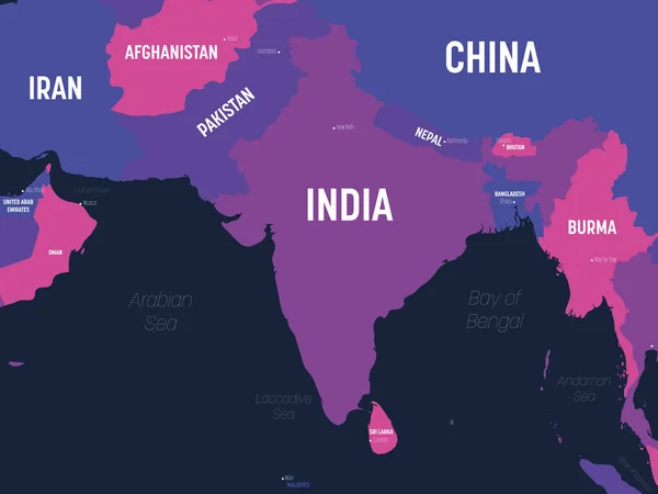 Güney Asya haritası. Güney Asya bölgesi ve Hindistan altkıtasının ülke, sermaye, okyanus ve deniz isimlerinin etiketlendiği yüksek detaylı siyasi haritası — Stok Vektör