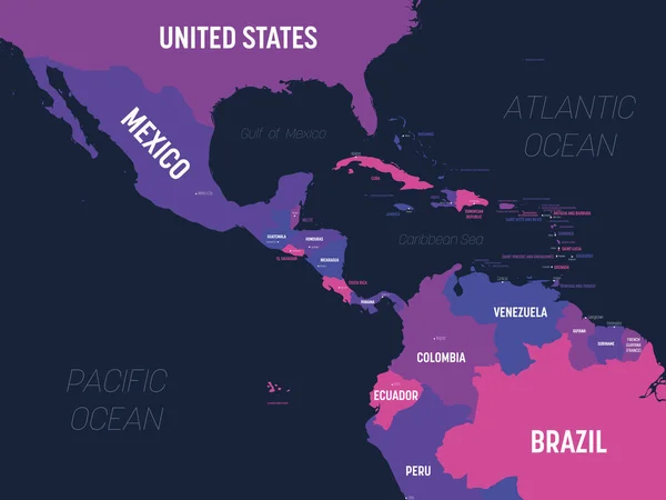 Mittelamerika-Karte. Hohe detaillierte politische Landkarte Mittelamerikas und der Karibik mit Beschriftung von Land, Hauptstadt, Ozean und Meer — Stockvektor