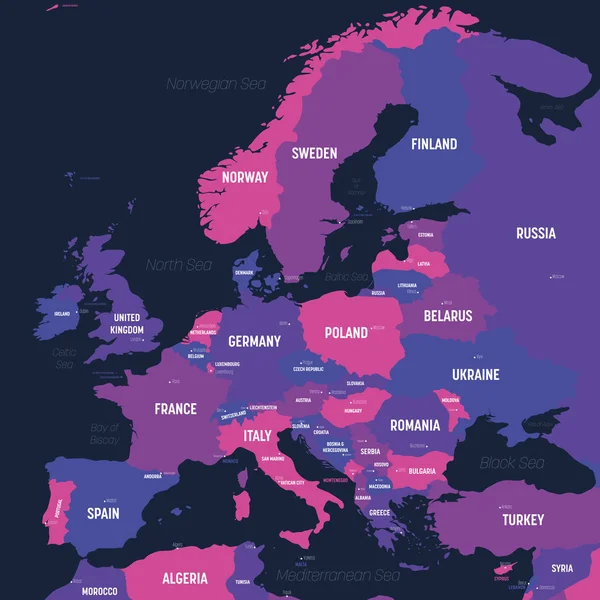 Mapa de Europa. Mapa político detallado del continente europeo con nombres de países, capitales, océanos y mares etiquetados — Vector de stock