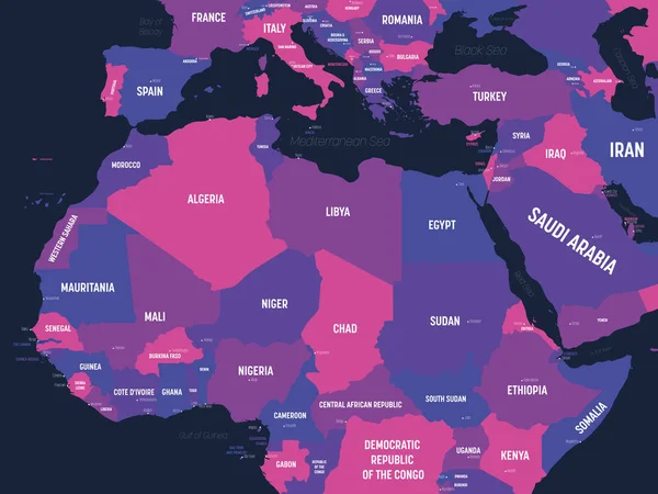 Mapa północnej Afryki. Wysoka szczegółowa mapa polityczna północnoafrykańskiego rgionu z oznaczeniem kraju, stolicy, oceanu i morza — Wektor stockowy